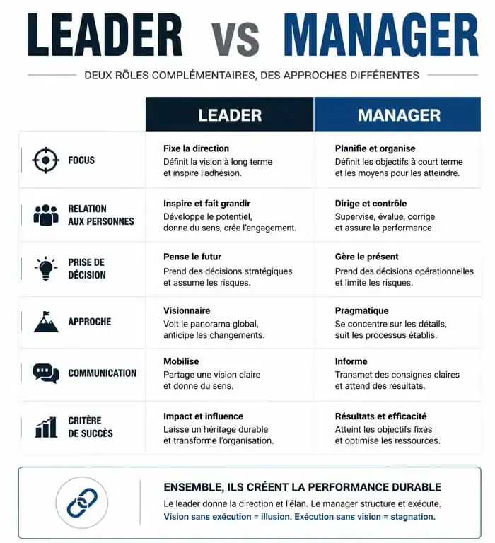 Infographie comparative : les différences entre un leader et un manager pour comprendre ce qu'est un leader.