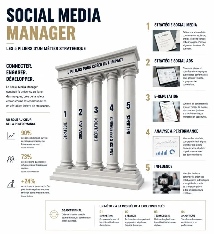 Infographie des compétences clés pour une formation social media manager