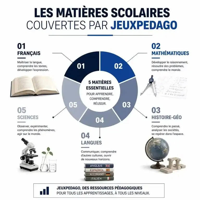 Infographie des matières scolaires et niveaux couverts par la plateforme de jeux éducatifs Jeuxpedago.com