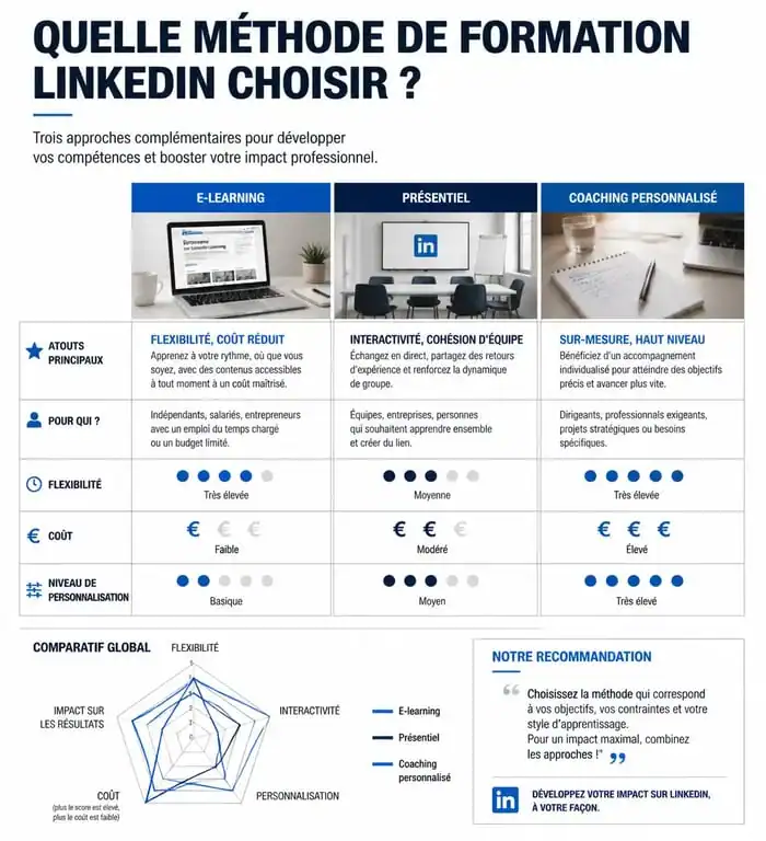 Tableau comparatif des formats de formation LinkedIn entreprise : e-learning, présentiel et coaching.