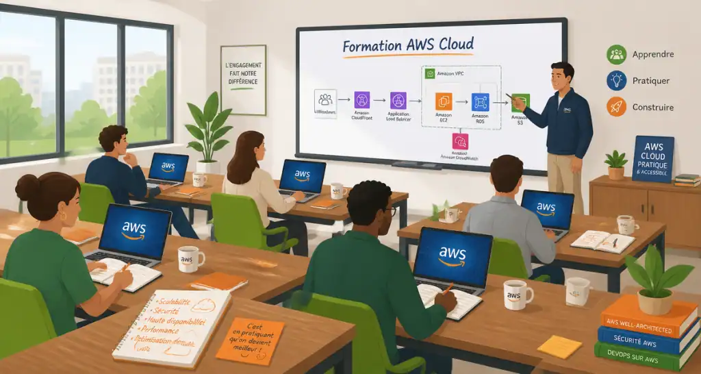 formation aws cloud salle avec ordinateurs et logo aws