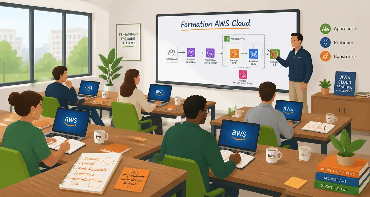 formation aws cloud salle avec ordinateurs et logo aws