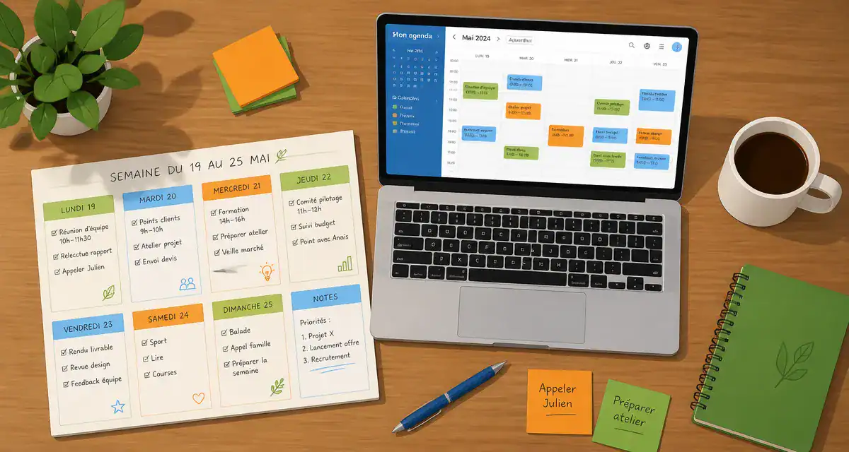 Organisation semaine bureau avec agenda digital et semainier papier