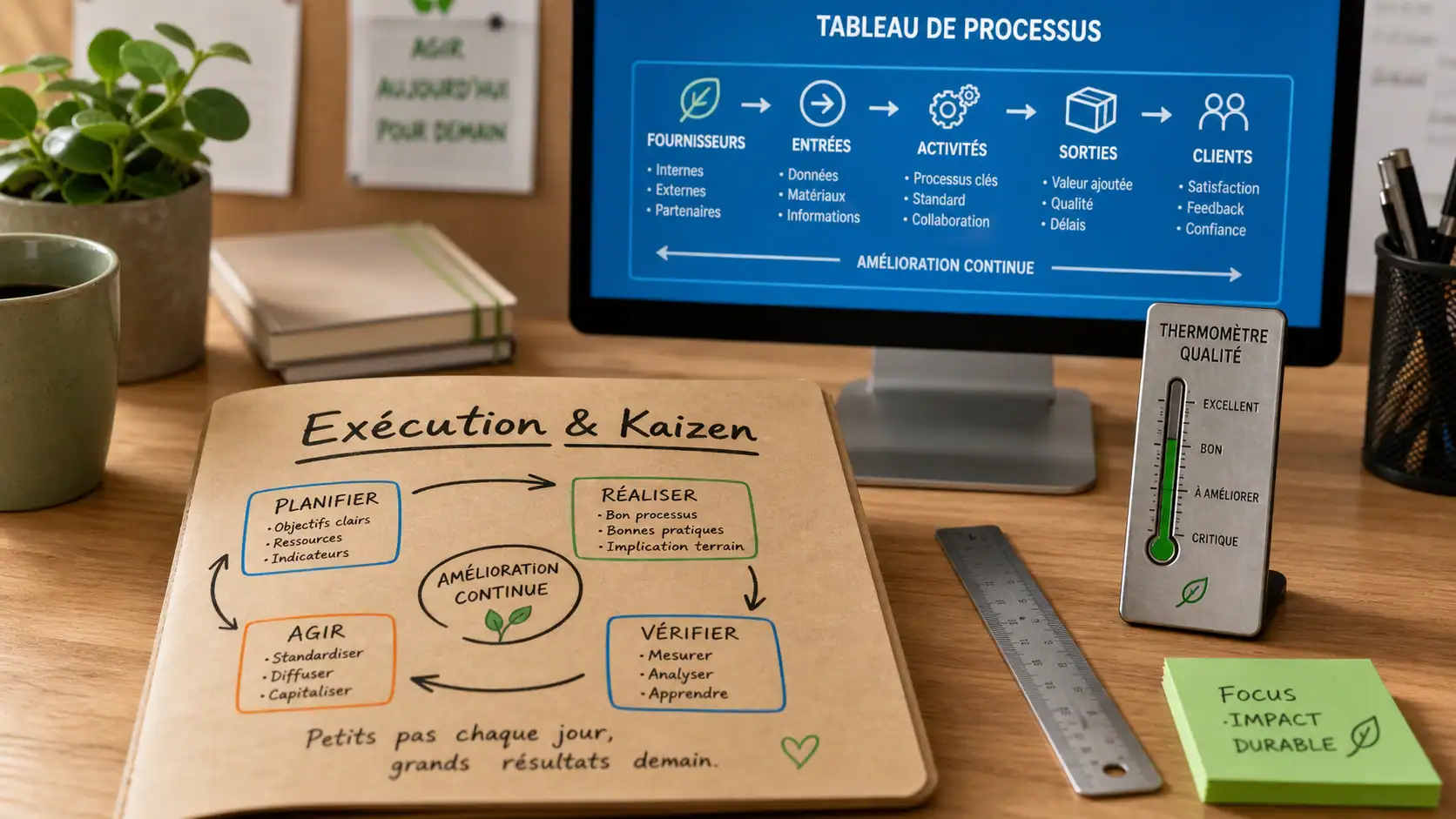 Définition excellence opérationnelle : exécution et Kaizen au bureau, processus qualité visibles