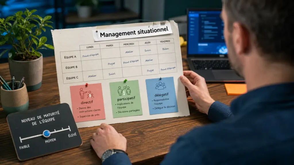 Différents types de management : management situationnel selon équipe, urgence et autonomie