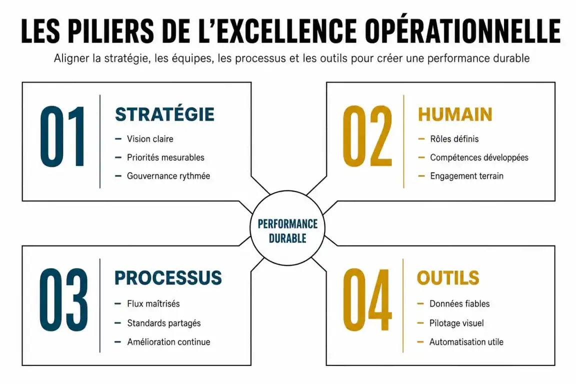 Infographie des piliers de l'excellence opérationnelle : stratégie, humain, processus et outils