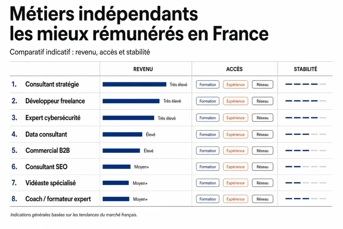 Comparatif des métier à son compte qui payé bien avec revenus, accès et stabilité