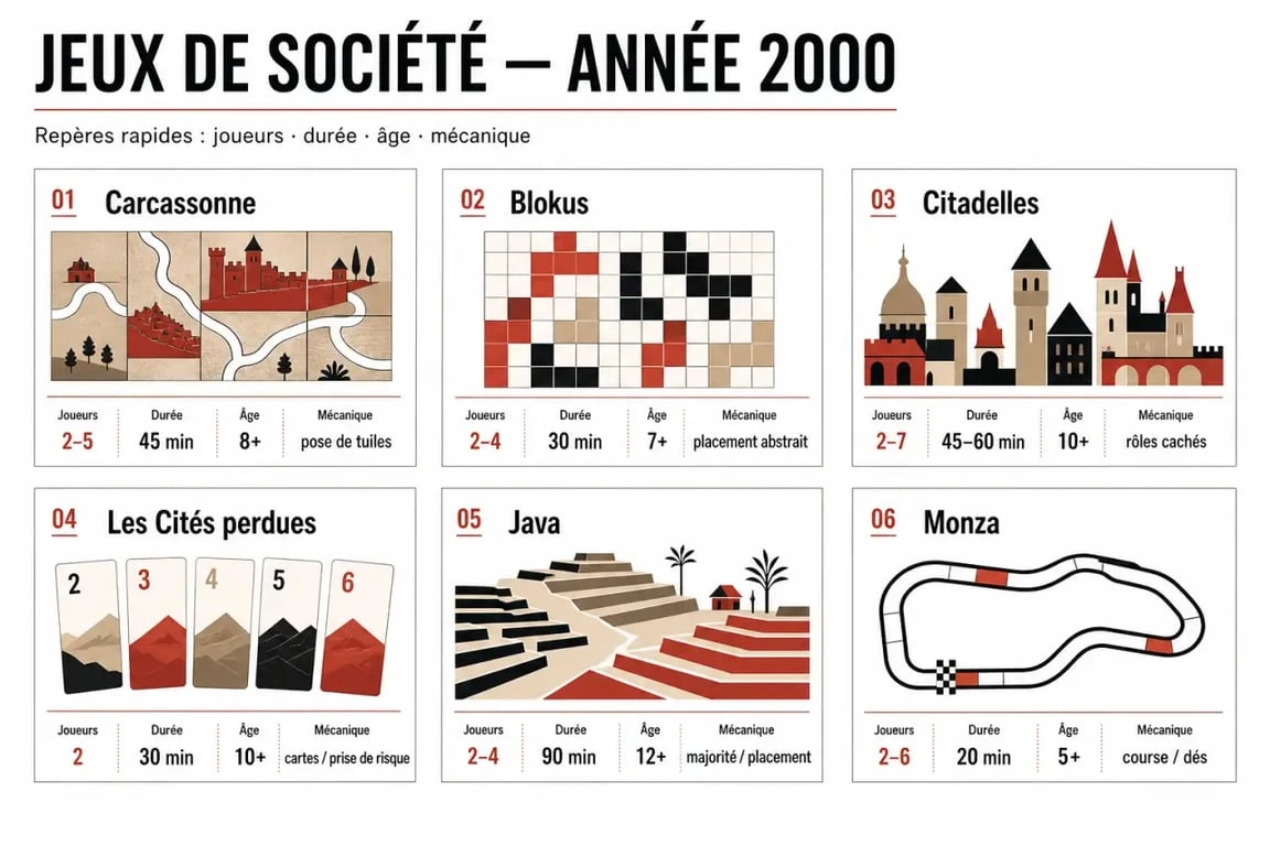 Jeux de société année 2000 : illustration comparative des titres emblématiques comme Carcassonne, Blokus et Citadelles