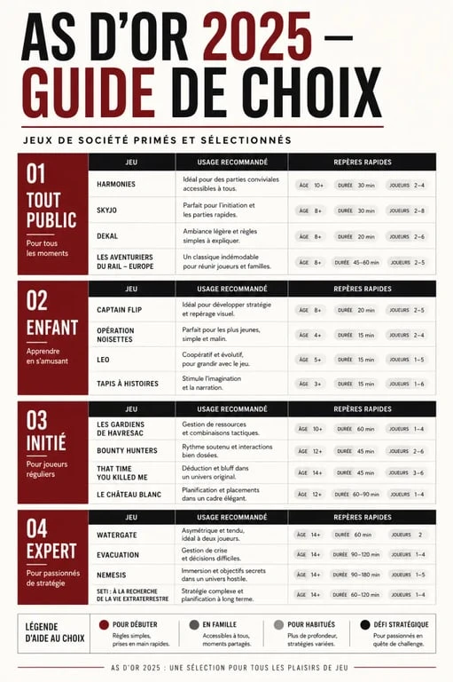 Jeux de société primés 2025 : infographie comparative des catégories As d’Or et des titres sélectionnés