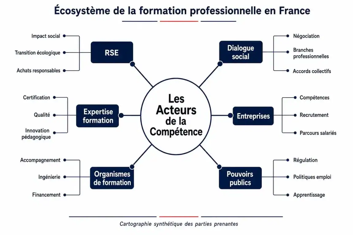 Infographie illustrant l'écosystème de la fédération Les Acteurs de la Compétence et son rôle central dans la formation professionnelle