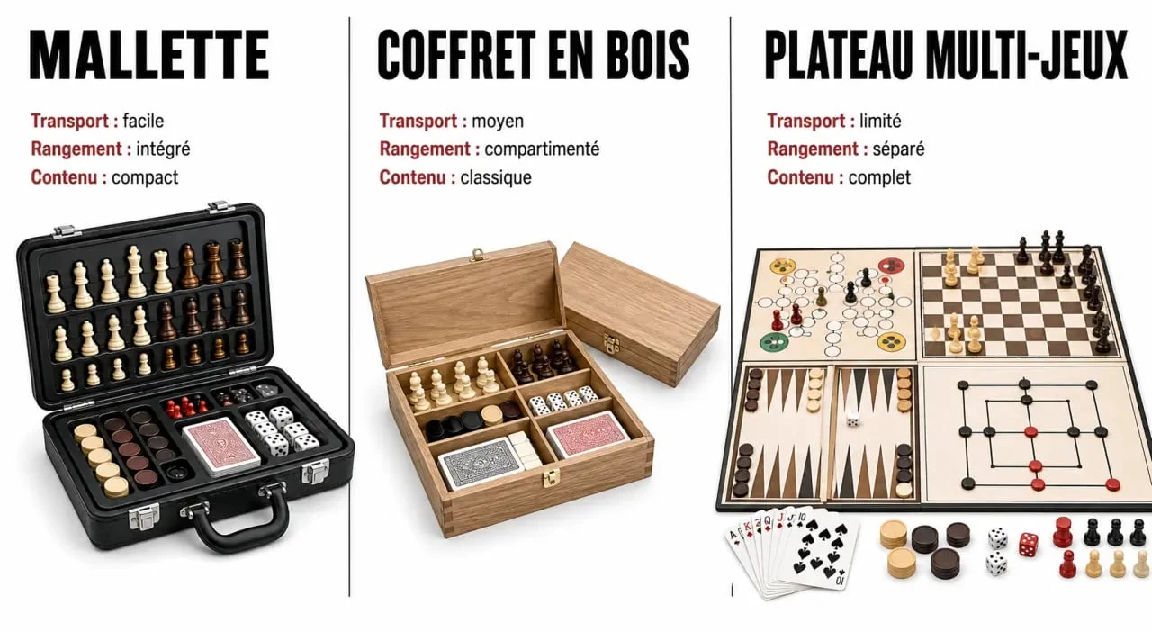 Comparatif visuel d’une mallette jeux de société, d’un coffret en bois et d’un plateau multi-jeux
