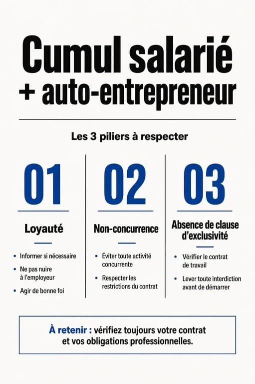 Infographie sur les trois piliers du cumul salarié et auto-entrepreneur