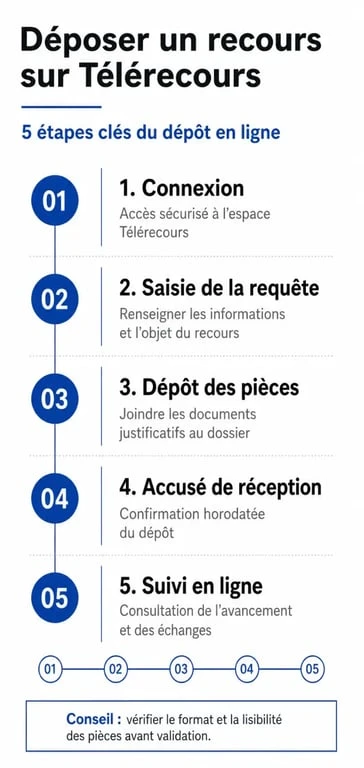 Infographie des étapes de dépôt d'un recours sur la plateforme Télérecours