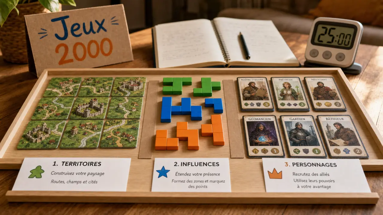 Jeux de société année 2000 : Carcassonne, Blokus et Citadelles sur table.