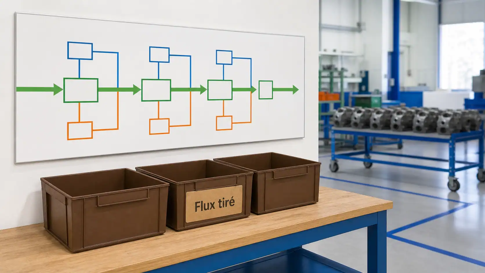 Lean manufacturing : flux tiré et bacs Kanban dans un atelier