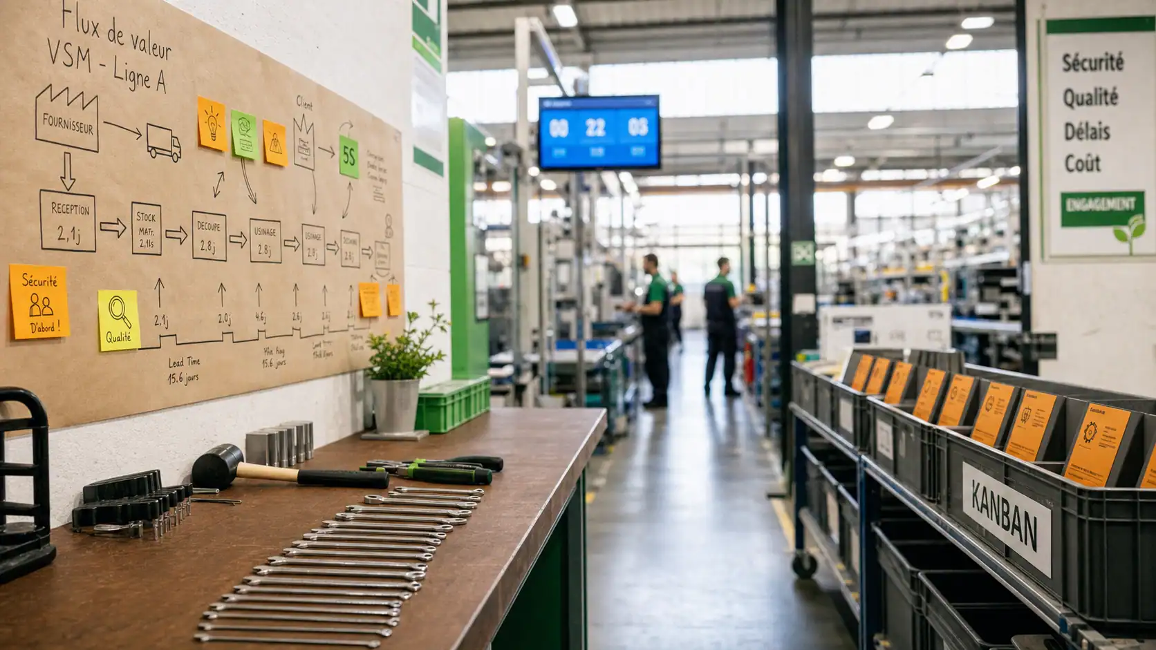 Management lean manufacturing : 5S, VSM, Kanban et Andon en atelier pour réduire les gaspillages