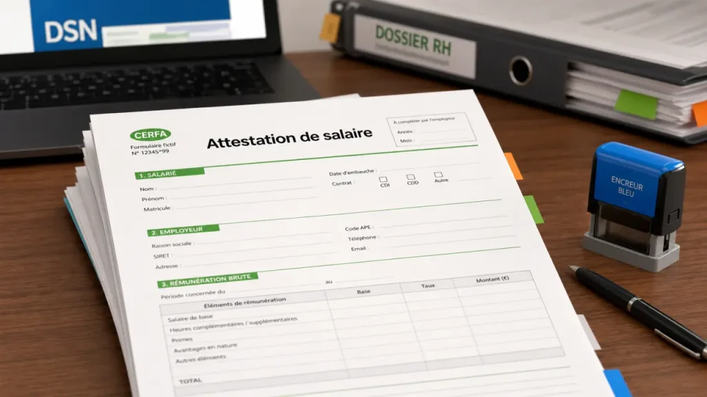 Modèle attestation de salaire pdf : CERFA 11135*04, DSN et erreurs à éviter