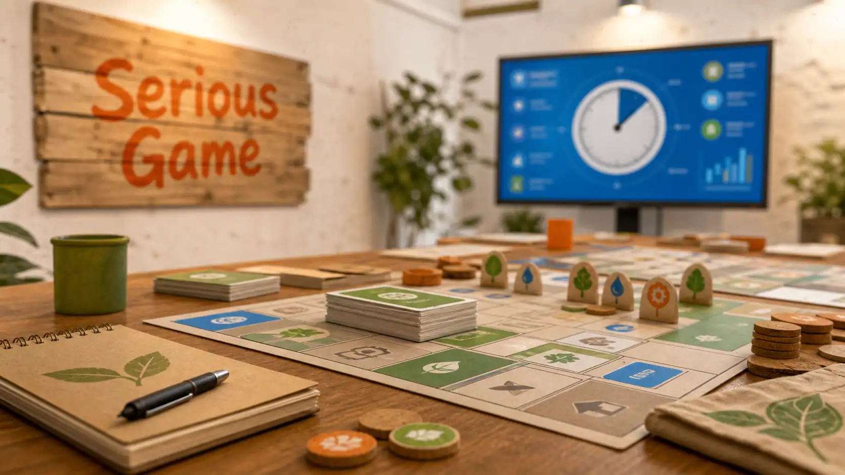 Serious game entreprise : plateau en entreprise avec interface digitale
