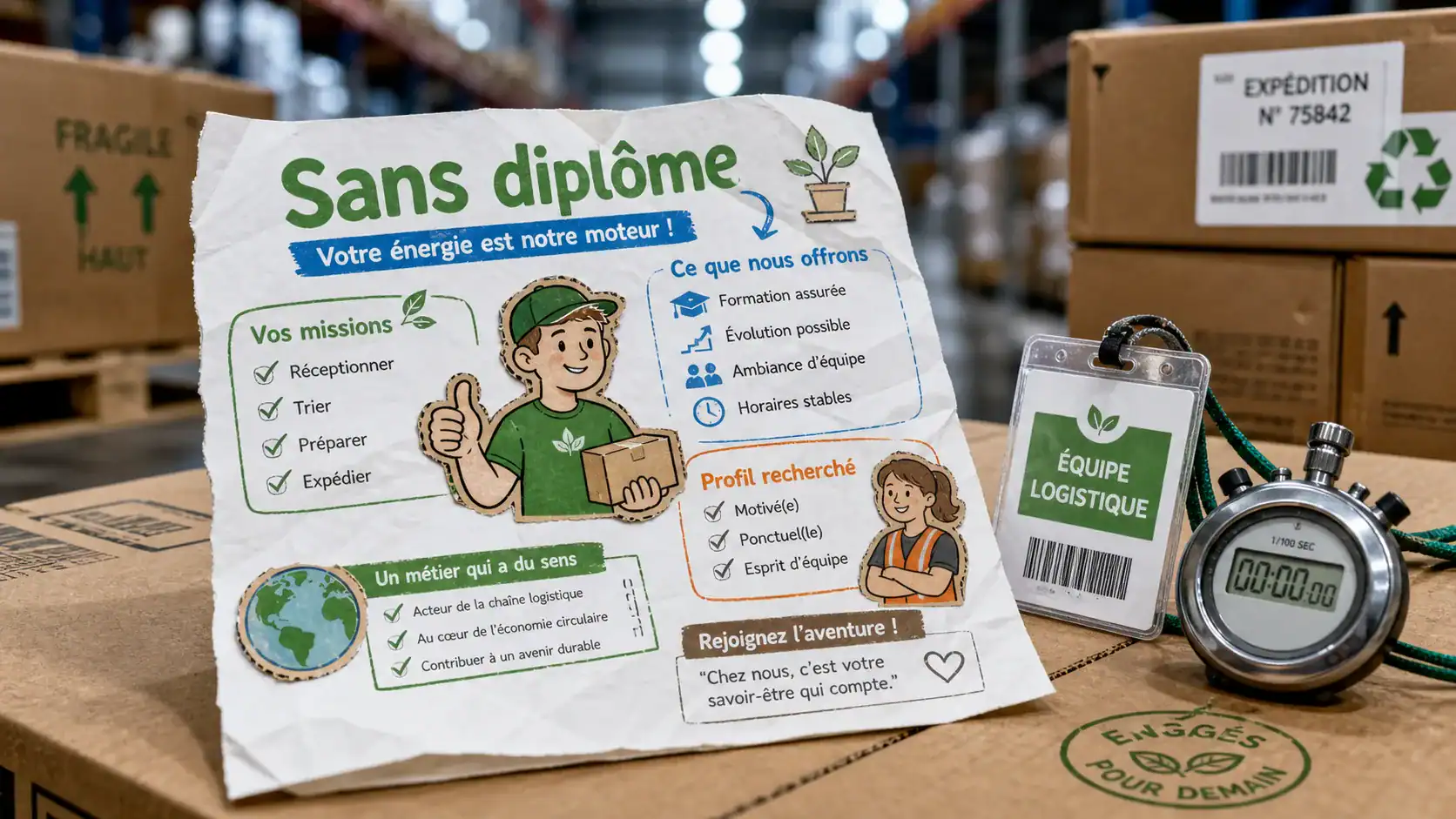 Travailler sans diplome : fiche recrutement en entrepôt, métiers de terrain
