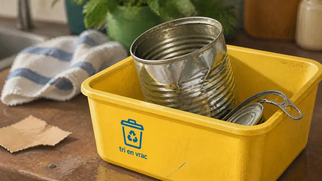 Boîte de conserve quel poubelle : bac jaune en vrac sans lavage