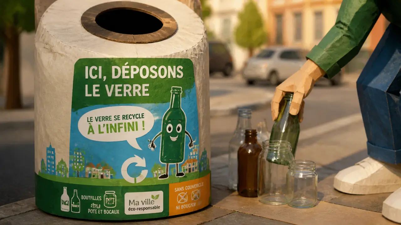 Conteneur verre avec bouteilles et bocaux vides sans couvercles