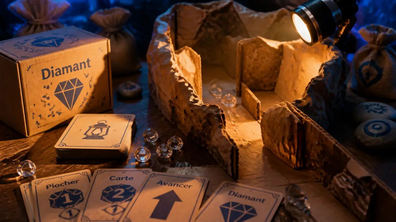 Diamant jeu de société : plateau grotte, cartes et jetons diamant