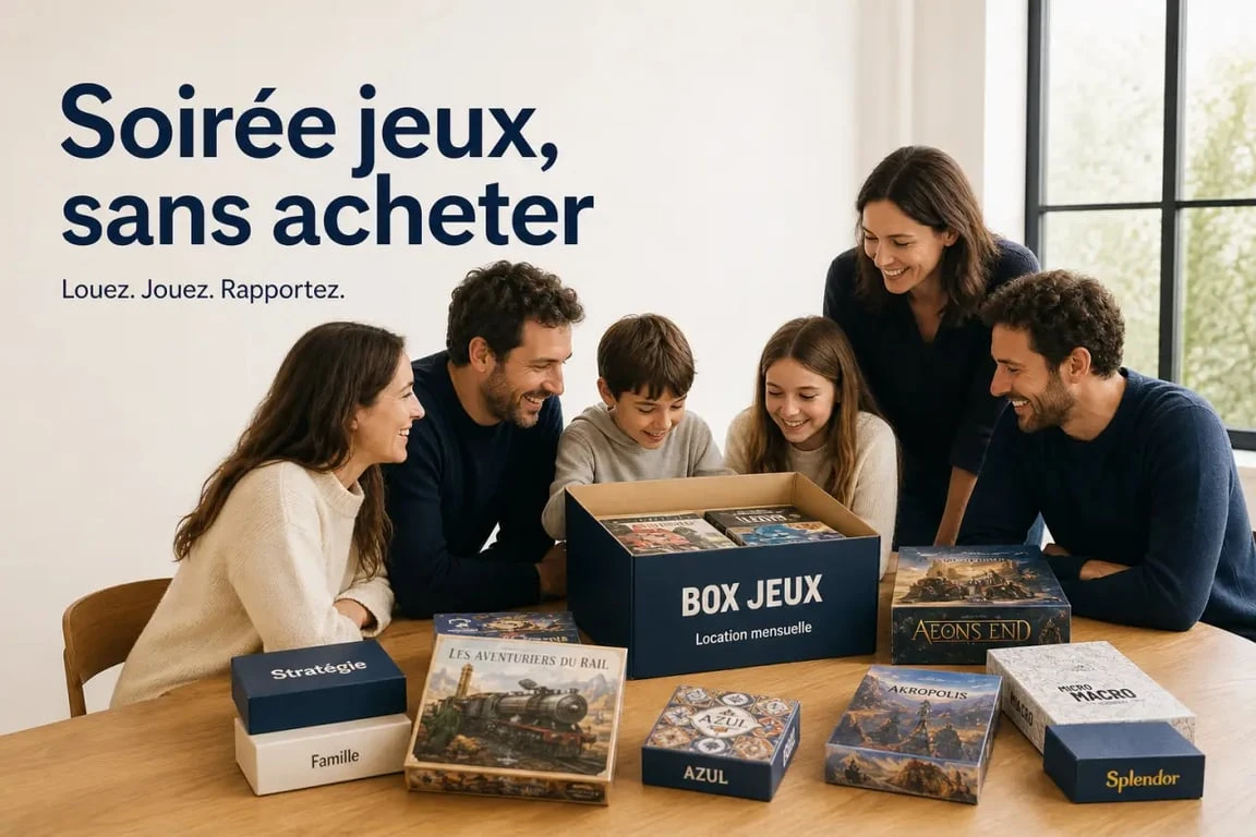 Location jeux de societe : famille ouvrant une box de jeux sur une table de salon