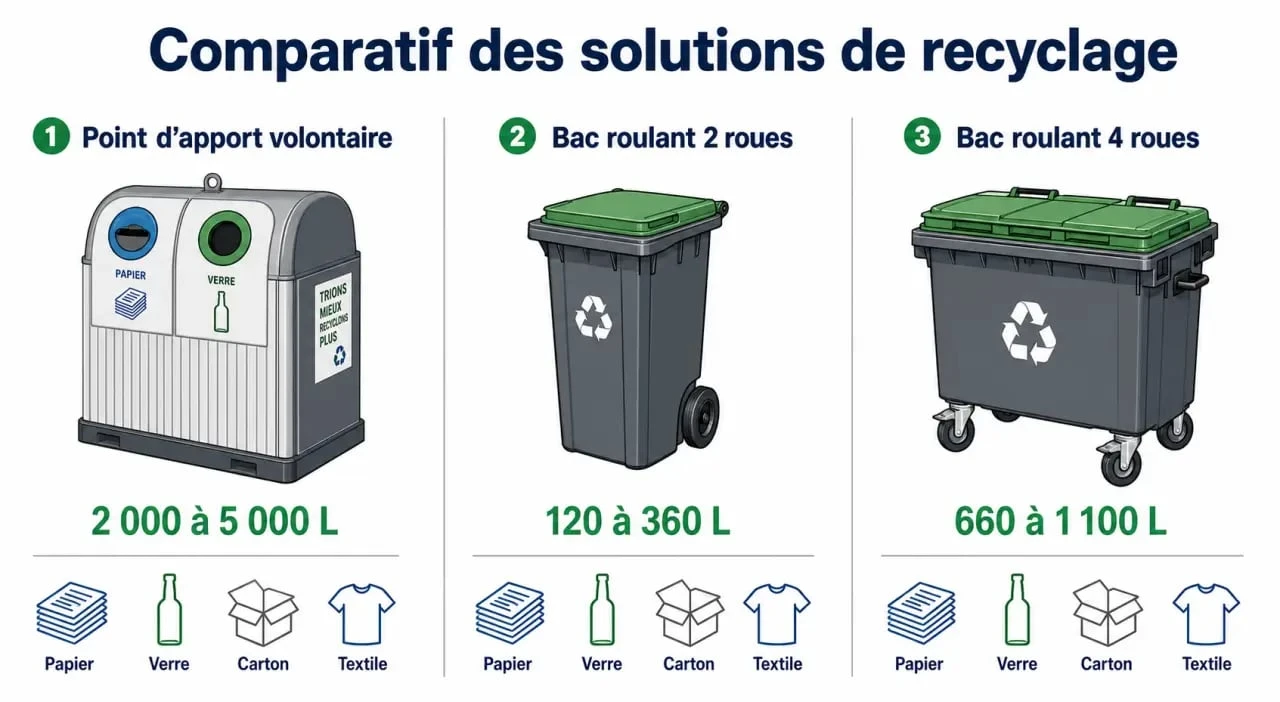 Conteneur recyclage : comparaison visuelle des points d’apport volontaire et des bacs roulants