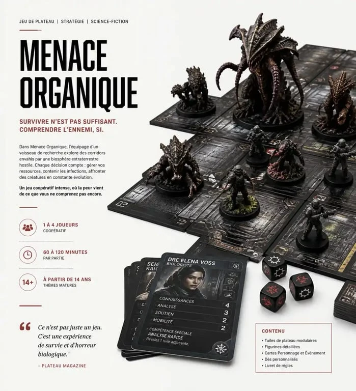 Plateau et figurines du jeu de société Nemesis dans une ambiance de survival horror spatial