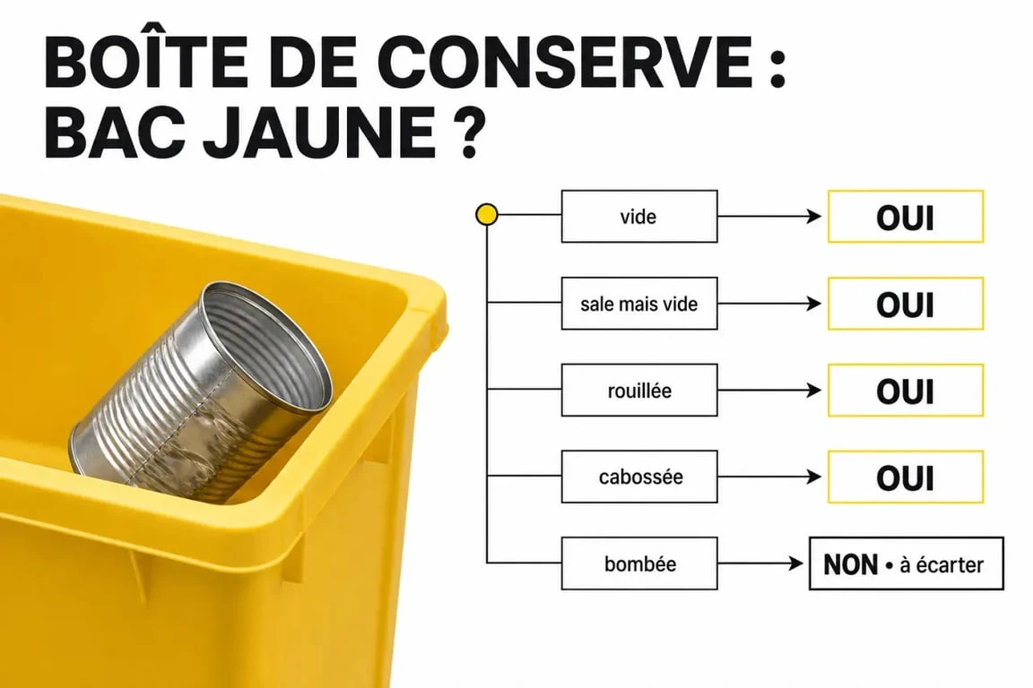 boite de conserve quel poubelle : boîte de conserve vide dans le bac jaune avec repères de tri
