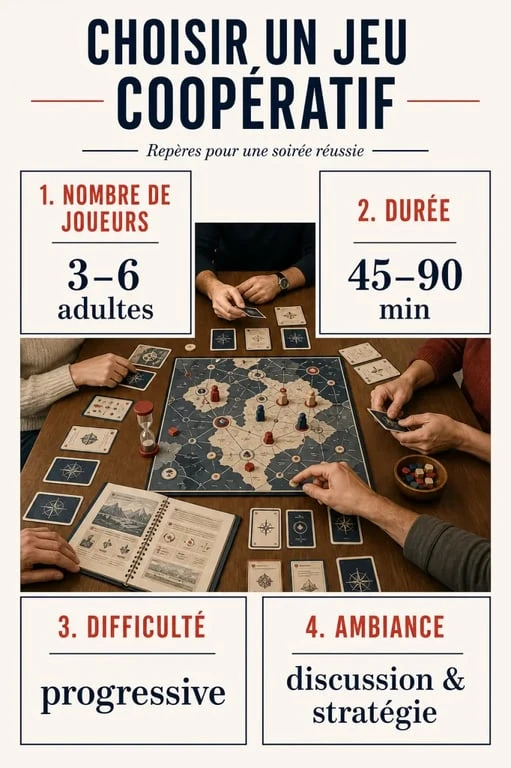 Jeux coopératifs pour adultes : visuel comparatif des critères nombre de joueurs, durée, difficulté et ambiance