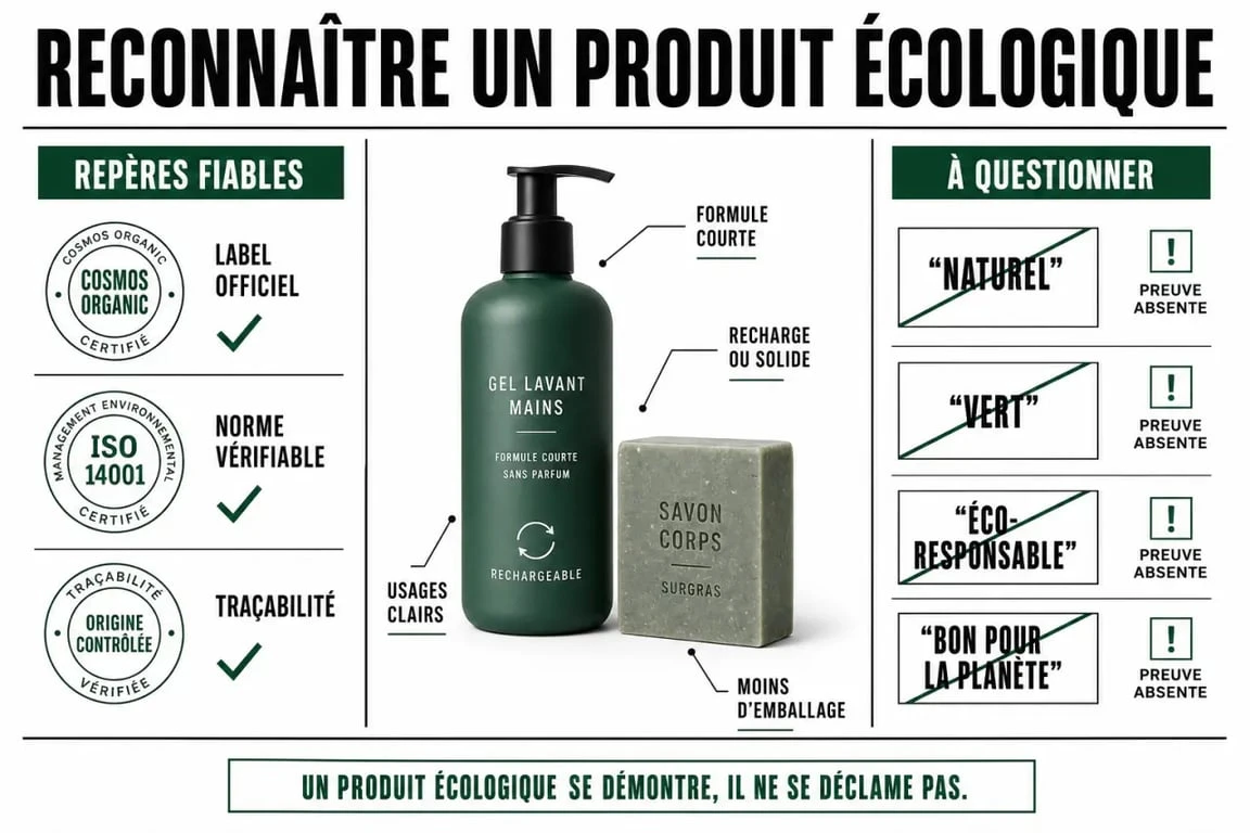 Produit écologique : critères visuels pour distinguer composition simple, labels fiables et greenwashing
