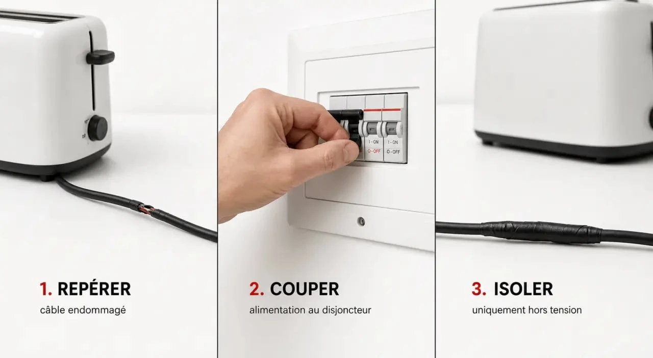 Appareil électrique abîmé : câble endommagé et mise en sécurité avant réparation