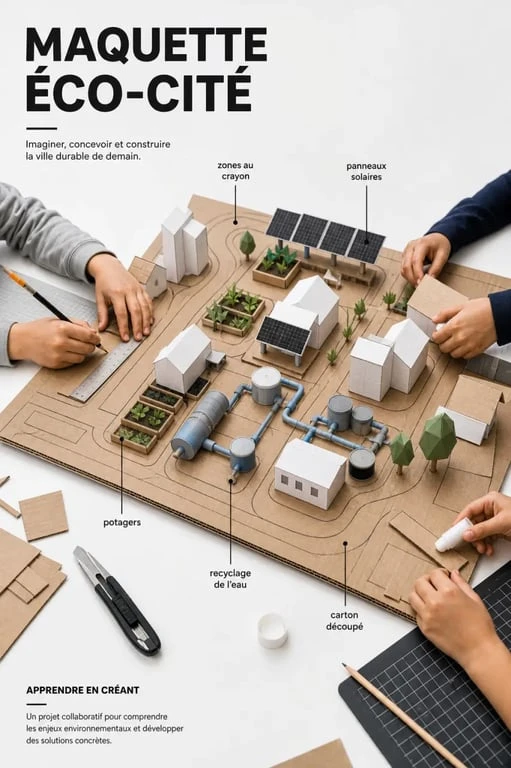 Construction d’une maquette ville du futur écologique avec matériaux simples et zones tracées