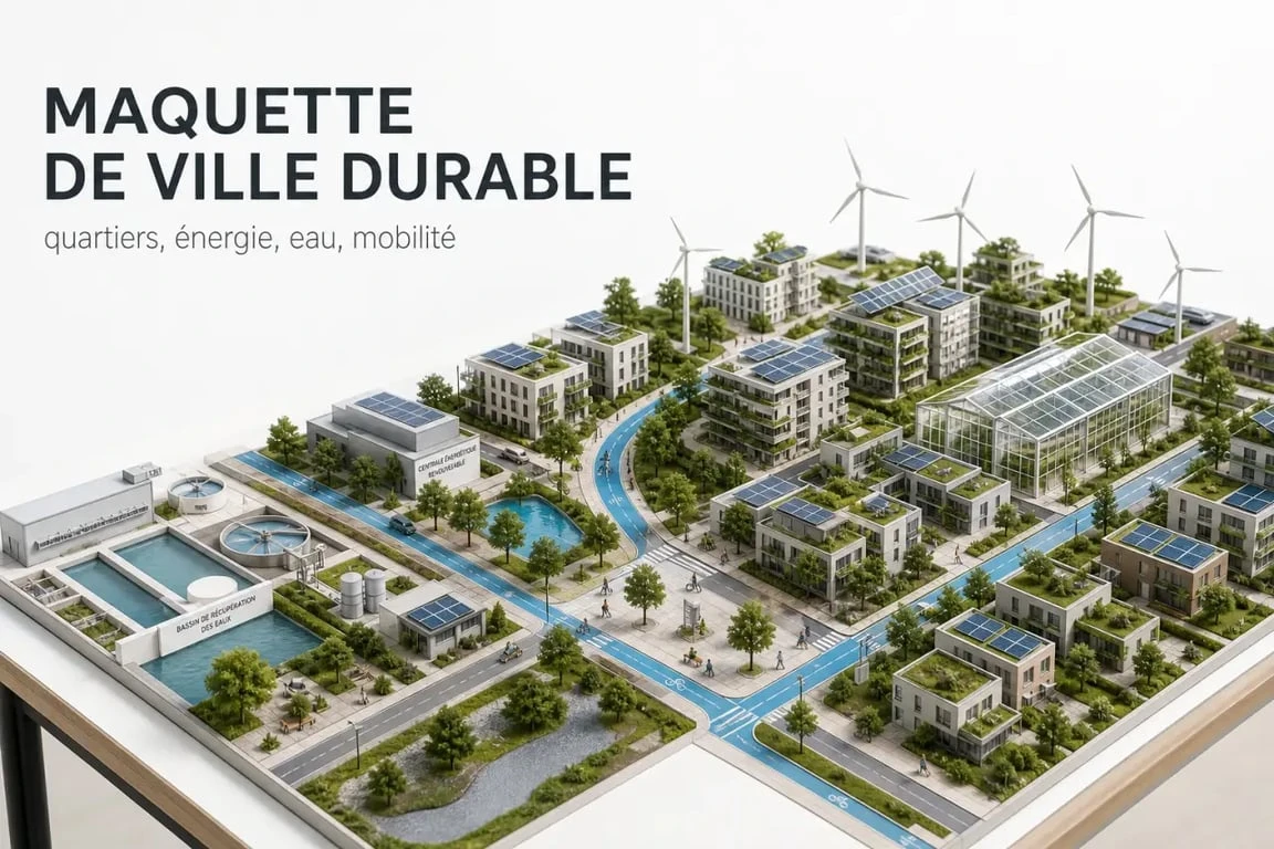 Maquette ville du futur écologique avec toits verts, énergie solaire et pistes cyclables