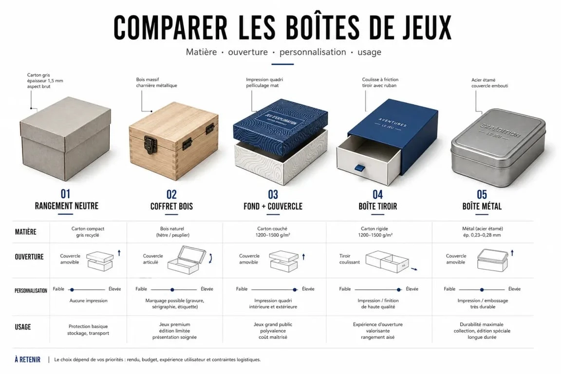 Comparatif des boites de jeux de société selon la matière, l’ouverture et l’usage