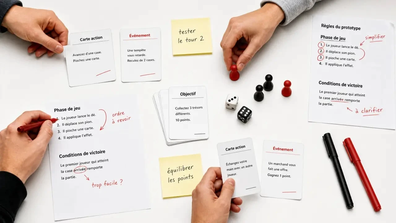 Créer un jeu de société : prototype de cartes et séance de test sur une table