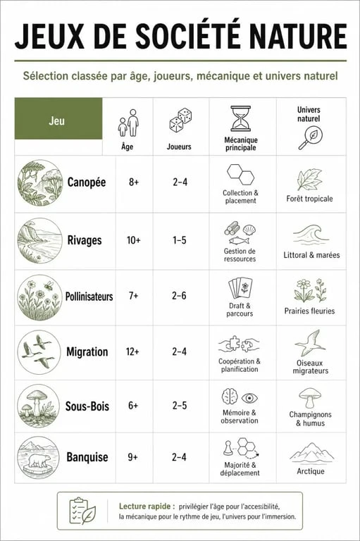 Infographie jeux de société nature classée par âge, mécanique et univers naturel