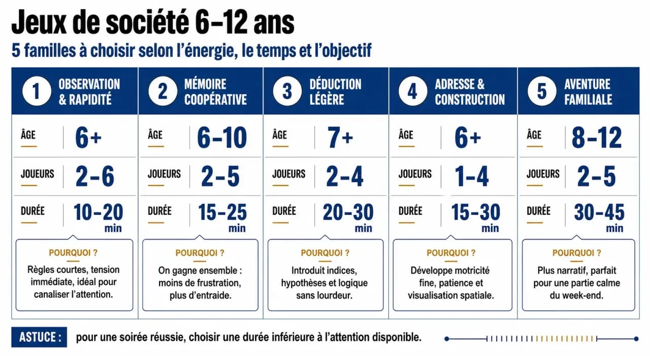 Infographie des jeux de société pour les 6-12 ans selon l’âge, le nombre de joueurs et la mécanique