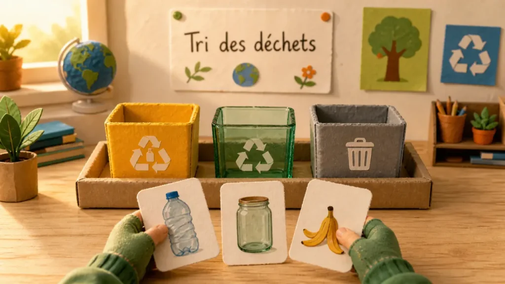 Jeu trier les déchets : bac jaune, verre et compost