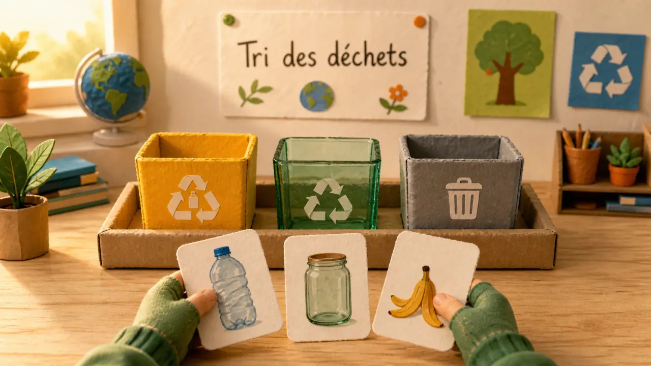 Jeu trier les déchets : bac jaune, verre et compost