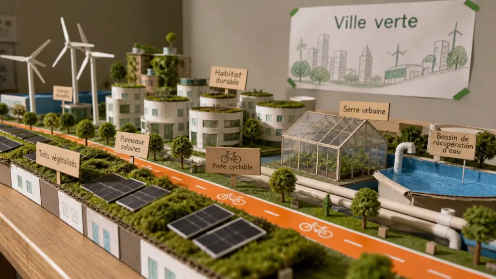 Maquette ville du futur écologique : toits verts, énergie solaire, mobilité cyclable