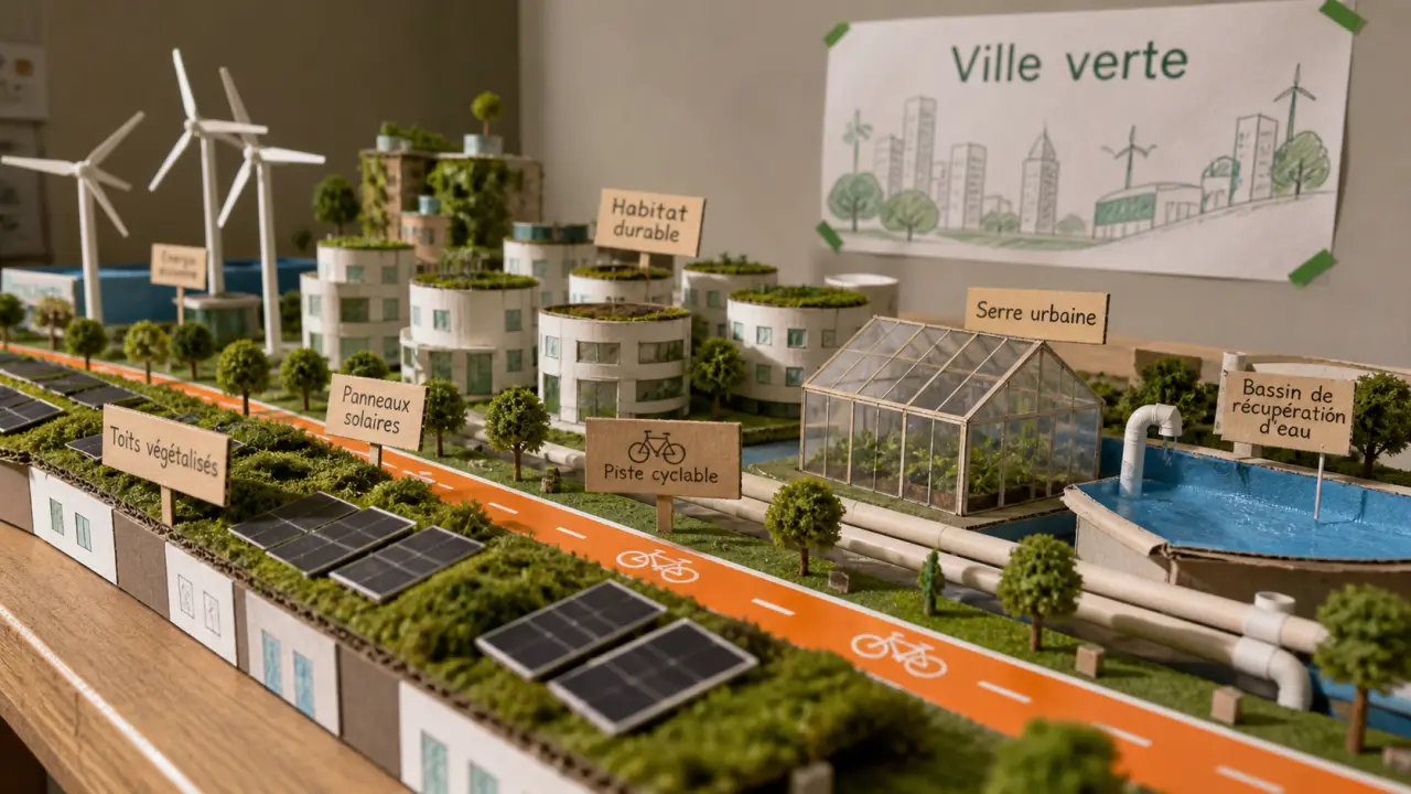 Maquette ville du futur écologique : toits verts, énergie solaire, mobilité cyclable