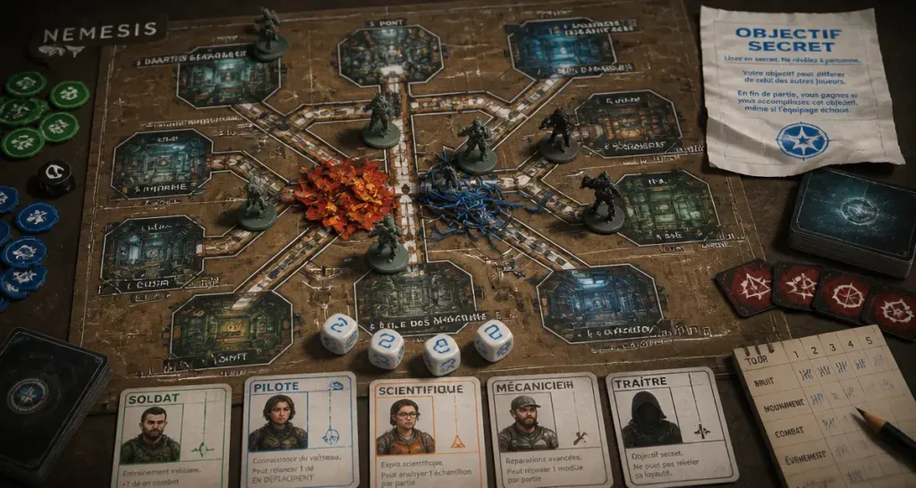 Nemesis jeu de société : plateau, figurines et couloirs, horreur spatiale