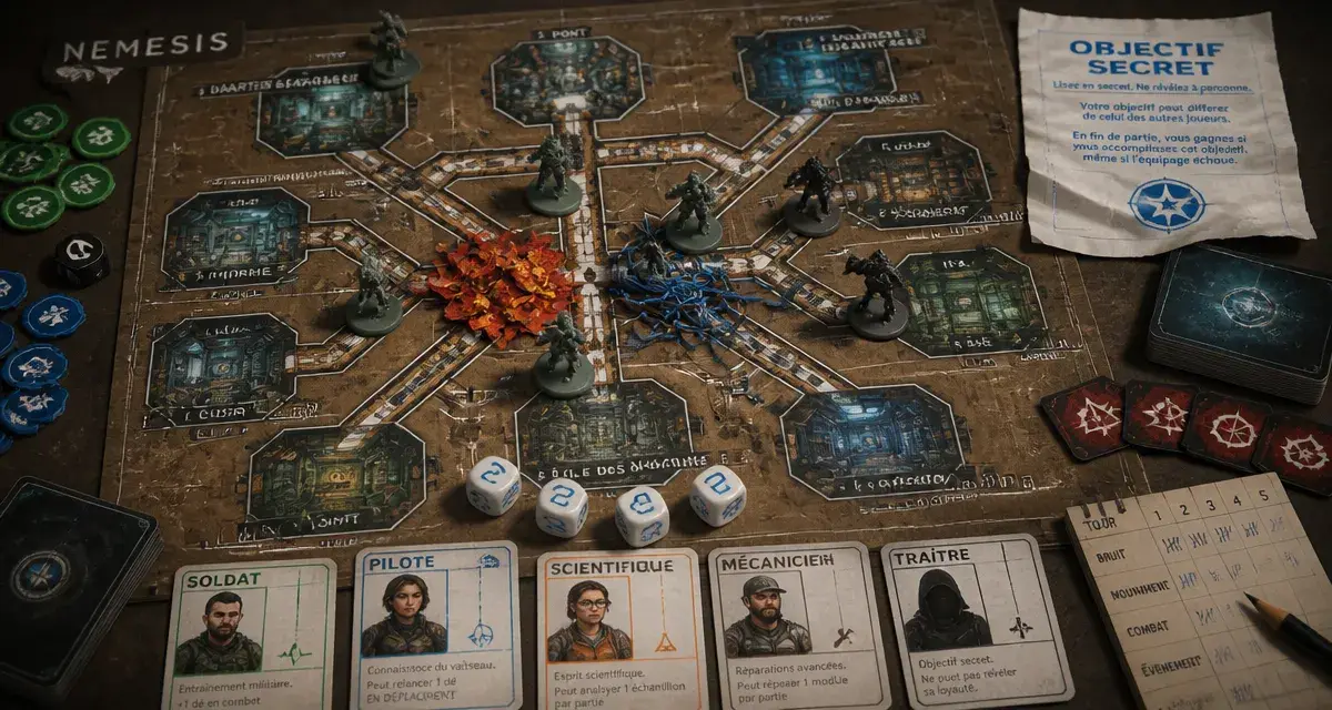 Nemesis jeu de société : plateau, figurines et couloirs, horreur spatiale