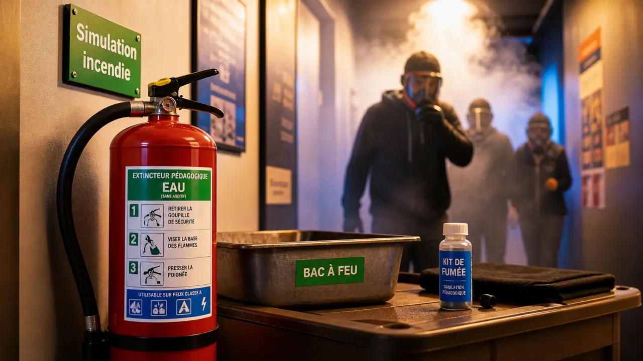 Outils pédagogiques simulation incendie : extincteur, fumée et bac à feu en formation