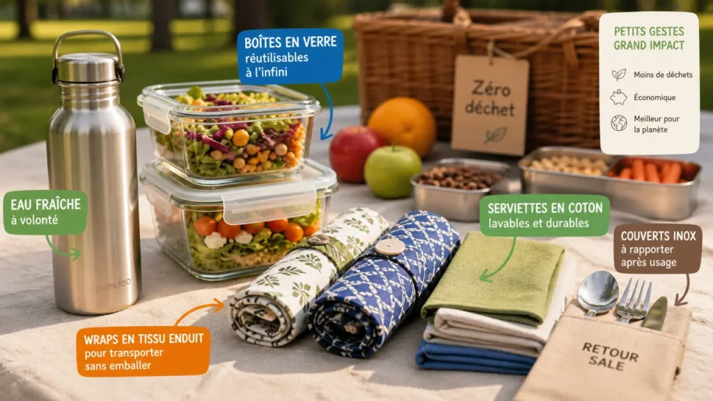 Pique nique zéro déchet : contenants réutilisables, bocaux en verre et gourde inox