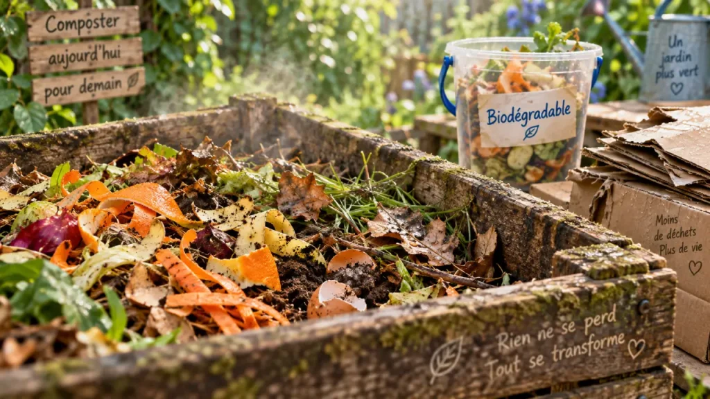 Déchet biodégradable au compost : épluchures et feuilles dans un bac
