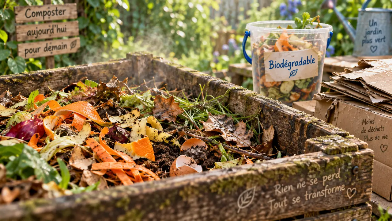 Déchet biodégradable au compost : épluchures et feuilles dans un bac