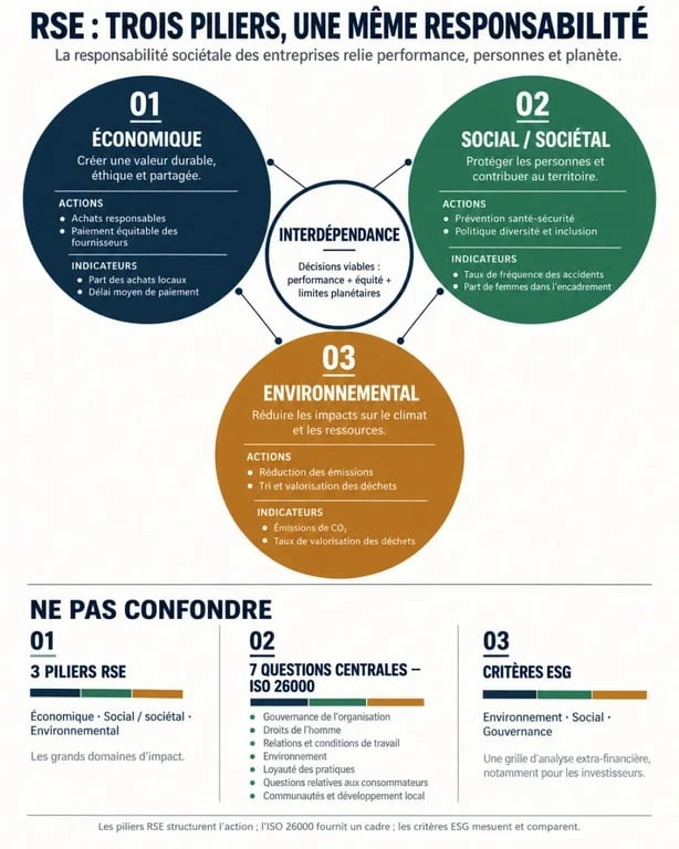 Infographie : quels sont les 3 piliers de la RSE et leur lien avec l’ISO 26000 et les critères ESG